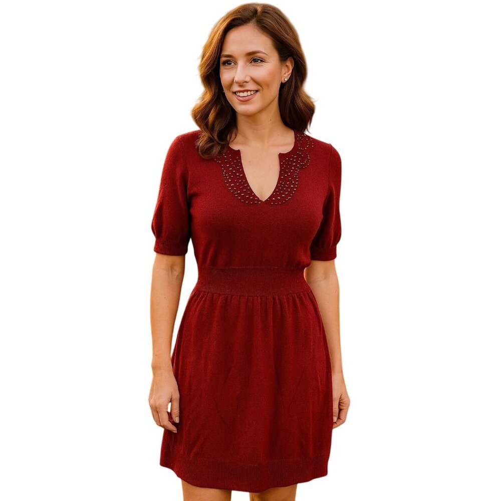 Ann Taylor Small Dress Beaded Wool Blend Knee-length Sweater Short Sleeve V-neck